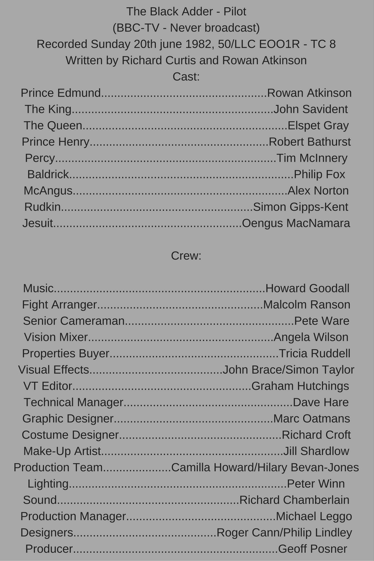 The cast and crew of the Blackadder pilot episode