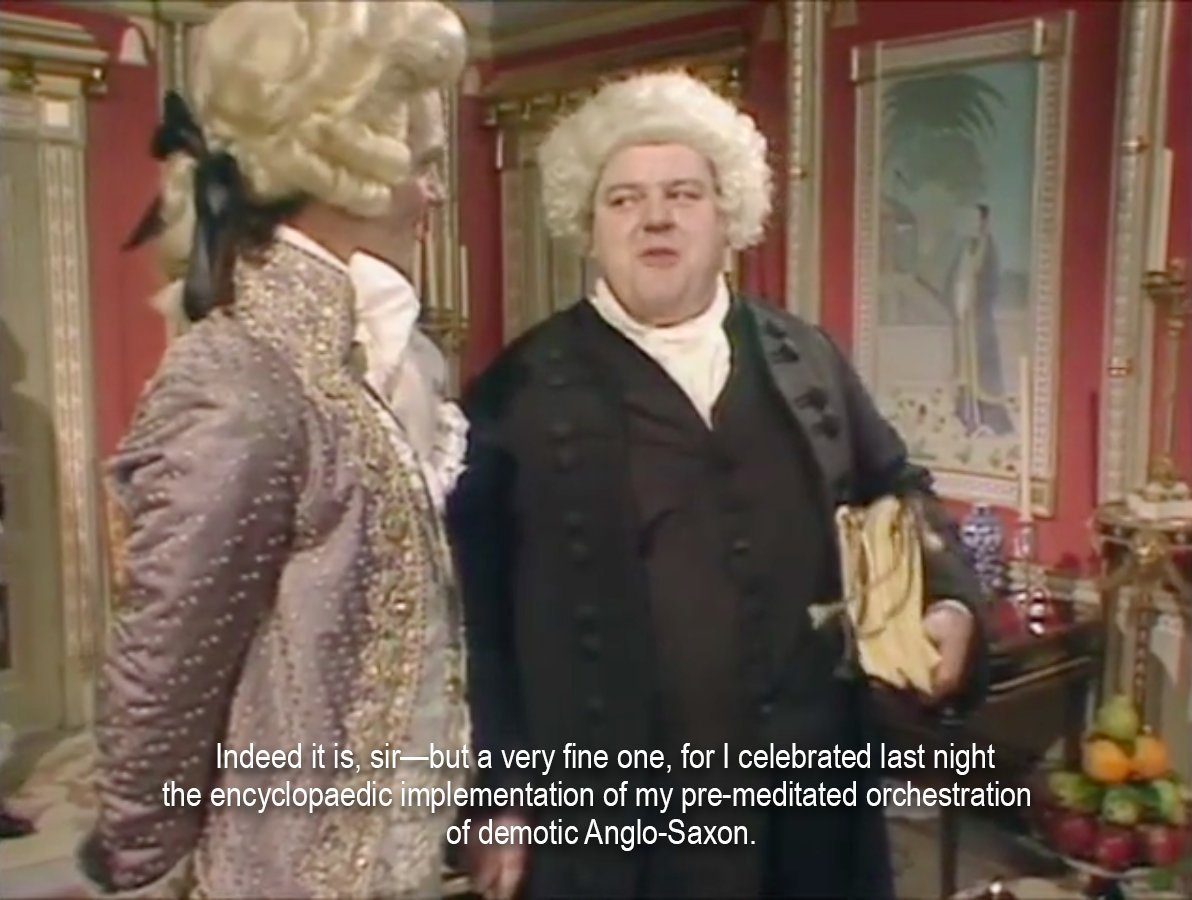 Robbie Coltrane playing Dr Johnson in blackadder